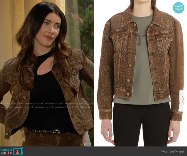 Golden Goose Crop Leopard Print Denim Jacket worn by Steffy Forrester (Jacqueline MacInnes Wood) on The Bold and the Beautiful