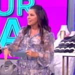 Gretta Monahan’s blue print ruffle mini dress on The View