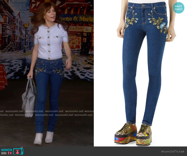 Gucci Floral-Embroidered Stretch Denim Jeans worn by Nicolette Roman (Anna Friel) on Monarch