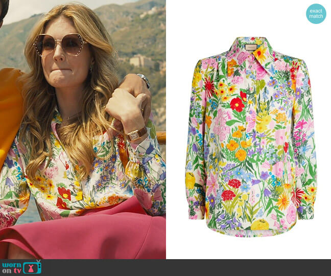Gucci x Ken Scott Floral Blouse worn by Daphne (Meghann Fahy) on The White Lotus