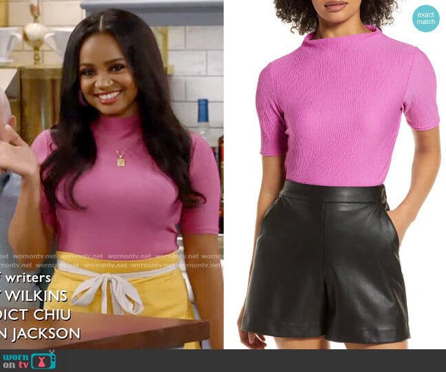 Halogen Plissé Smocked Funnel Neck Top in Pink Rosebud worn by Randi (Kyla Pratt) on Call Me Kat