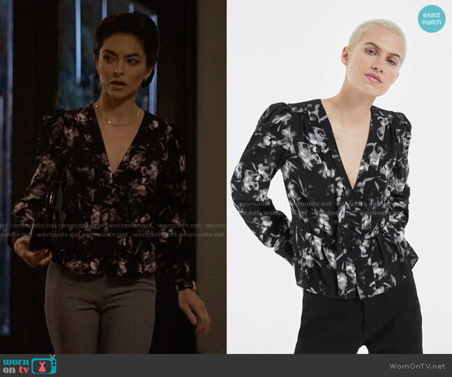 The Kooples Flowing Top with Pleating and Floral Motif worn by Sarah Miller (Brooke Lyons) on Reasonable Doubt