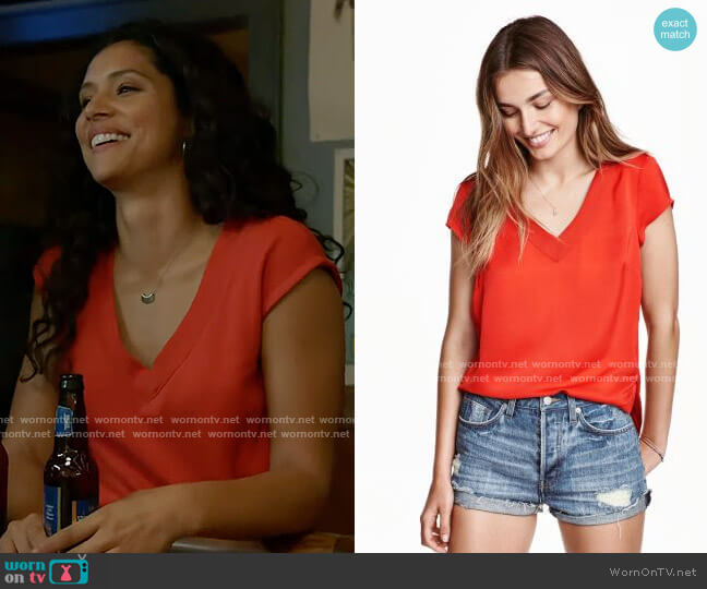 H&M V-neck Satin Blouse worn by Stella Kidd (Miranda Rae Mayo) on Chicago Fire
