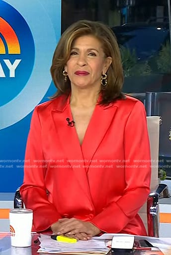 Hoda’s red double breasted satin blazer on Today