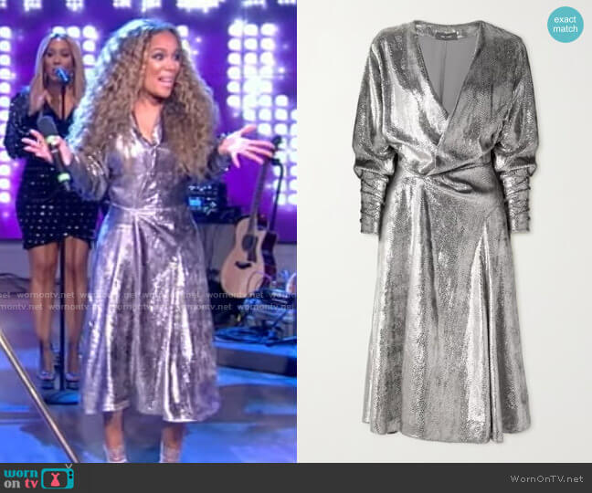 Isabel Marant Courtneya Wrap-Effect Lamé Midi Dress worn by Sunny Hostin on The View