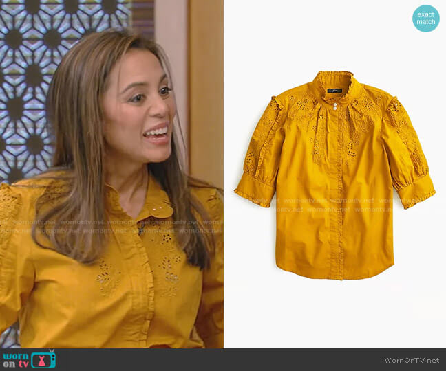J. Crew Mockneck embroidered blouse worn by Dr. Holly Phillips on Live with Kelly and Mark