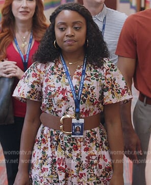 Janine’s pink floral print midi dress on Abbott Elementary