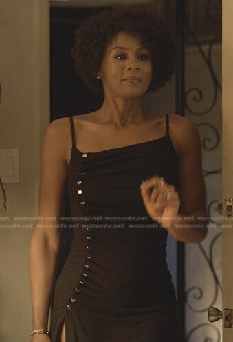 Jax’s black button ruched dress on Reasonable Doubt