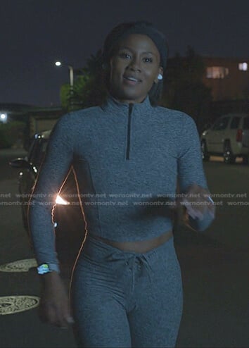 Jax’s grey space dye cropped top and leggings on Reasonable Doubt