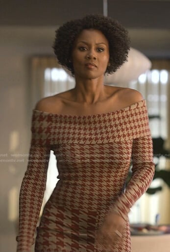 Jax’s beige houndstooth off-shoulder dress on Reasonable Doubt