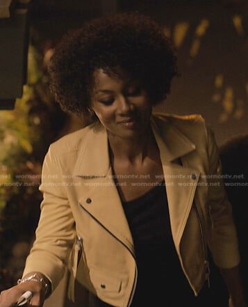 Jax’s beige leather moto jacket on Reasonable Doubt