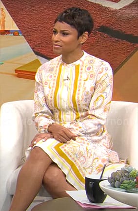 Jericka Duncan’s yellow scarf print dress on CBS Mornings