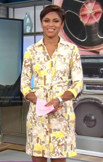 Jericka Duncan’s yellow printed shirtdress on CBS Mornings