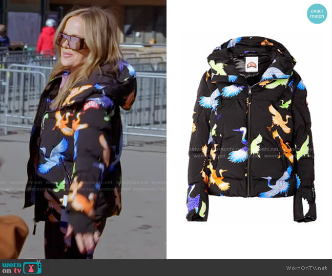 Jetset Julia Hooded Quilted Printed Ski Jacket worn by Angie Harrington on The Real Housewives of Salt Lake City