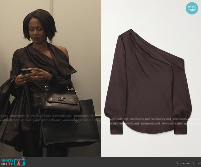Jonathan Simkhai Alice one-shoulder draped  hammered-satin top worn by Jax Stewart (Emayatzy Corinealdi) on Reasonable Doubt