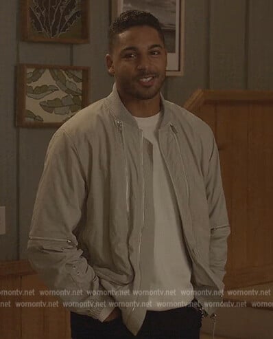 Jordan’s white zip up bomber jacket on All American
