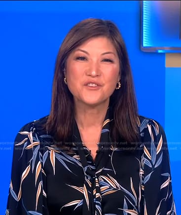 Juju Chang’s black printed tie neck blouse on Good Morning America