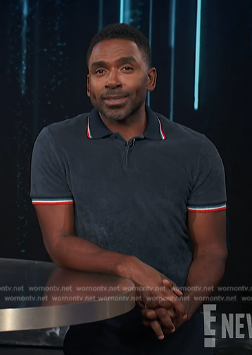 Justin’s navy striped trim terry polo shirt on E! News Daily Pop