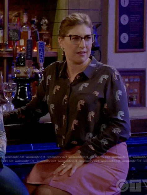 Kat’s black tiger print button down blouse on Call Me Kat
