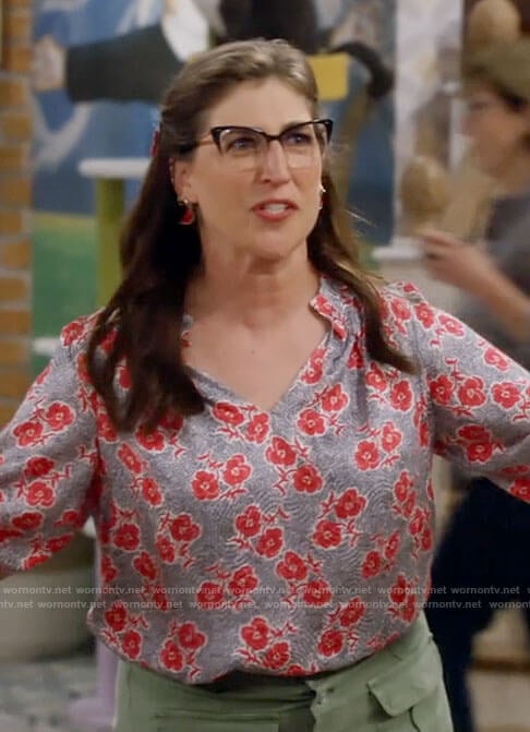 Kat’s blouse with red flowers print on Call Me Kat