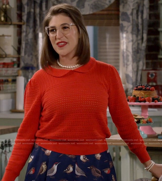 Kat’s red collared sweater and bird print skirt on Call Me Kat