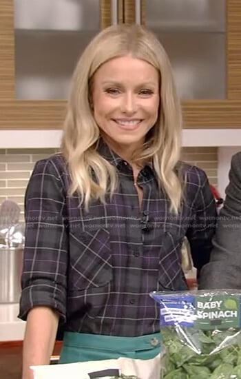 Kelly’s green plaid shirt and pants on Live with Kelly and Ryan
