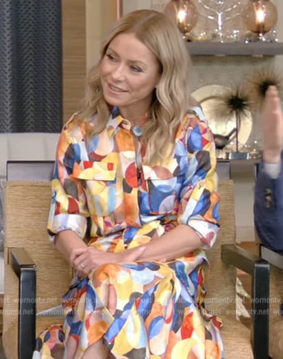 Kelly’s multicolor printed shirtdress on Live with Kelly and Ryan