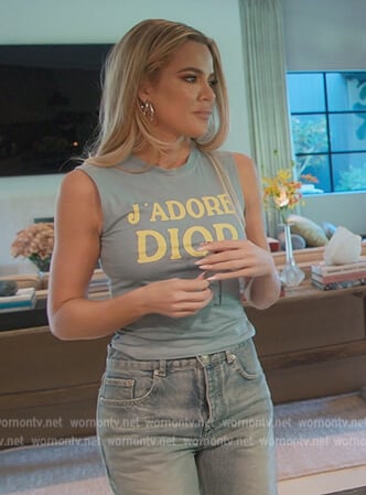 Khloe’s blue Dior graphic tank on The Kardashians