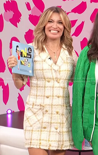 Kit’s white plaid tweed dress on Access Hollywood