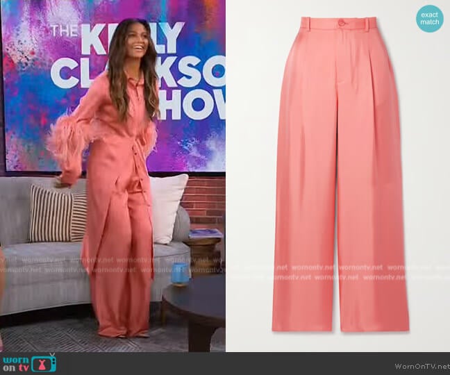 LaPointe Pleated silk-twill wide-leg pants worn by Camila Alves on The Kelly Clarkson Show