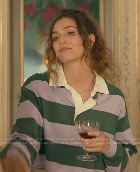 Lindsay’s purple and green striped polo shirt on From Scratch