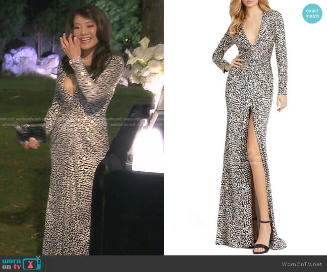 Mac Duggal Cheetah Print Knot Front Long Sleeve Trumpet Gown worn by Crystal Kung Minkoff on The Real Housewives of Beverly Hills