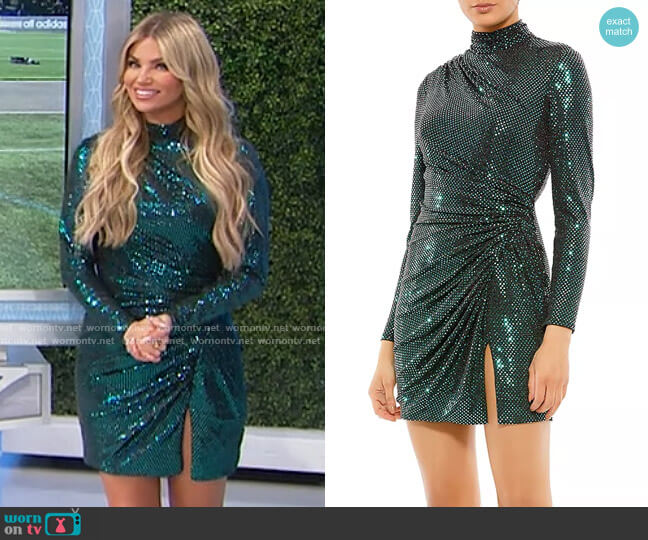 Mac Duggal Metallic Long Sleeve Minidress in Bottle Green worn by Amber Lancaster on The Price is Right