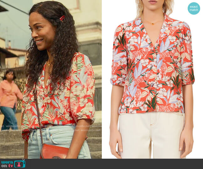 Maje Civale Floral Print Shirt worn by Amy Wheeler (Zoe Saldana) on From Scratch