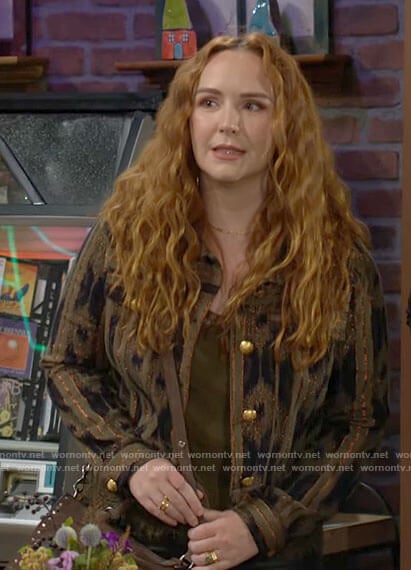 Mariah’s olive green printed jacket with gold buttons on The Young and the Restless