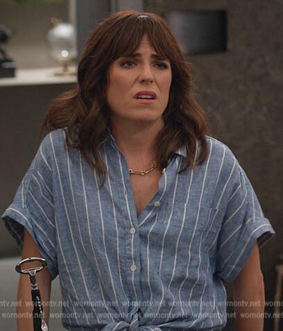 Mariana’s blue linen stripe shirt on Home Economics