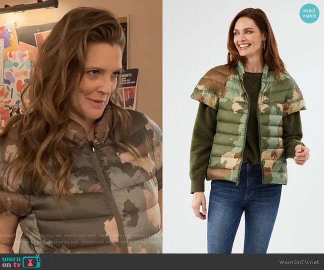 Martha Stewart Short Sleeve Quilted Down Puffer Vest in Splashy Camouflage worn by Drew Barrymore on The Drew Barrymore Show