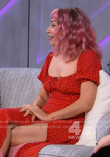 Melissa Villasenor’s red polka dot print dress on The Kelly Clarkson Show