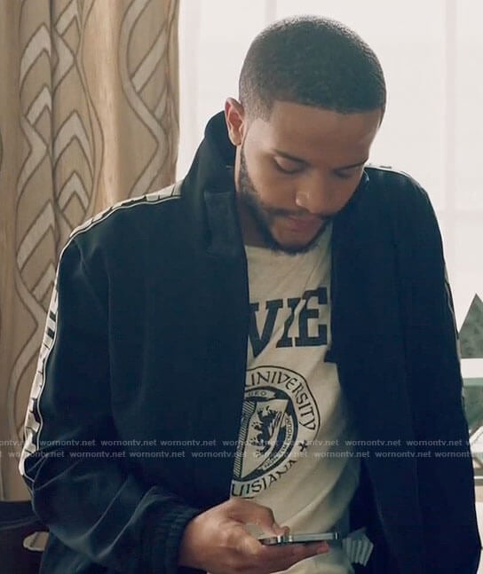 Micah’s black printed sleeve jacket on Queen Sugar