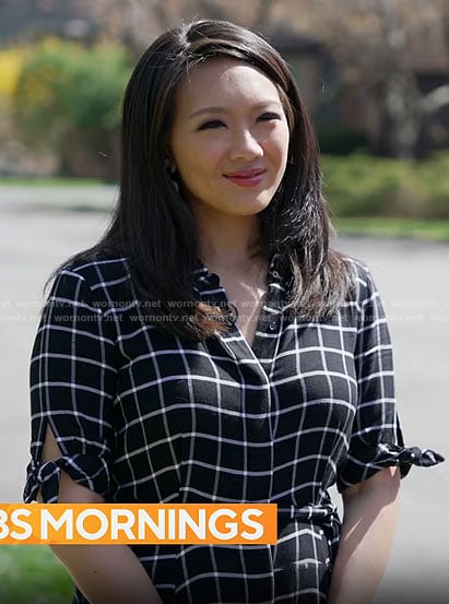 Nancy Chen’s black checked shirtdress on CBS Mornings