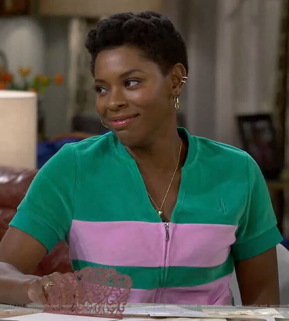 Necie’s green and pink striped velour top on The Neighborhood