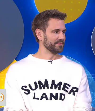 Nick Viall’s white Summer Land print sweater on Good Morning America