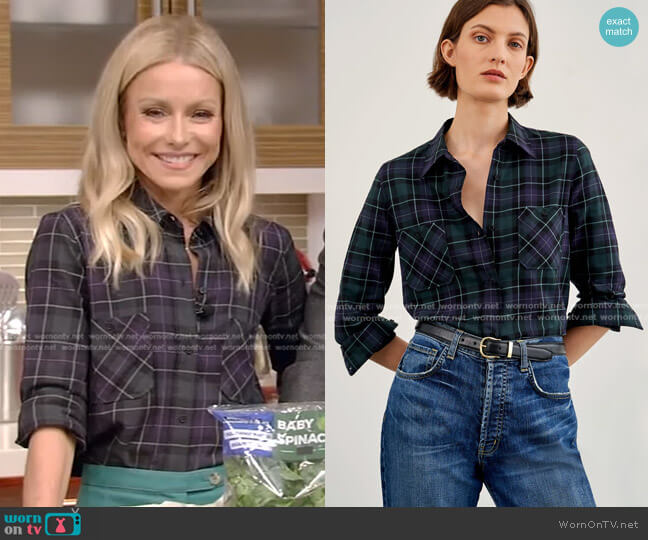 Nili Lotan Kaya Plaid Button-Down Shirt worn by Kelly Ripa on Live with Kelly and Mark