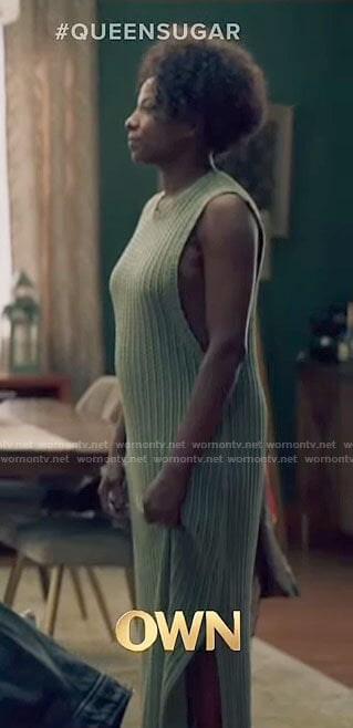 Nova’s sage green long sweater dress on Queen Sugar