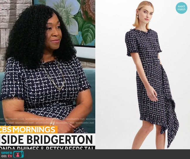 Oscar de la Renta Asymmetric Check Tweed Dress worn by Shonda Rhimes on CBS Mornings