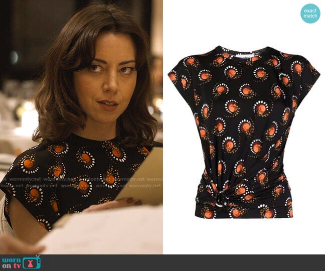 Paco Rabanne Graphic Print Gathered Top worn by Harper Spiller (Aubrey Plaza) on The White Lotus