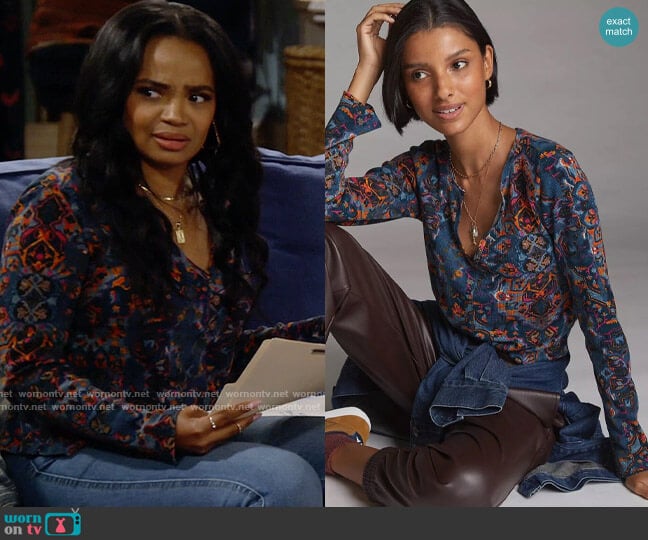 Pilcro Split-Neck Top in Blue Motif worn by Randi (Kyla Pratt) on Call Me Kat