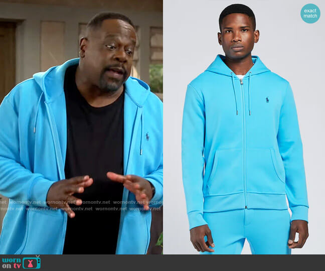 Polo Ralph Lauren Double Knit Tech Fleece Hoodie in Lindsay Blue worn by Calvin (Cedric The Entertainer) on The Neighborhood