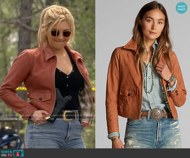 RRL Ralph Lauren Fitted Leather Moto Jacket in Vintage Red worn by Jenny Hoyt (Katheryn Winnick) on Big Sky