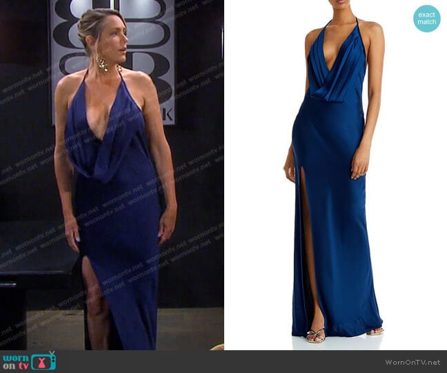 Ramy Brook Valentina Plunging Halter Gown worn by Nicole Walker (Arianne Zucker) on Days of our Lives